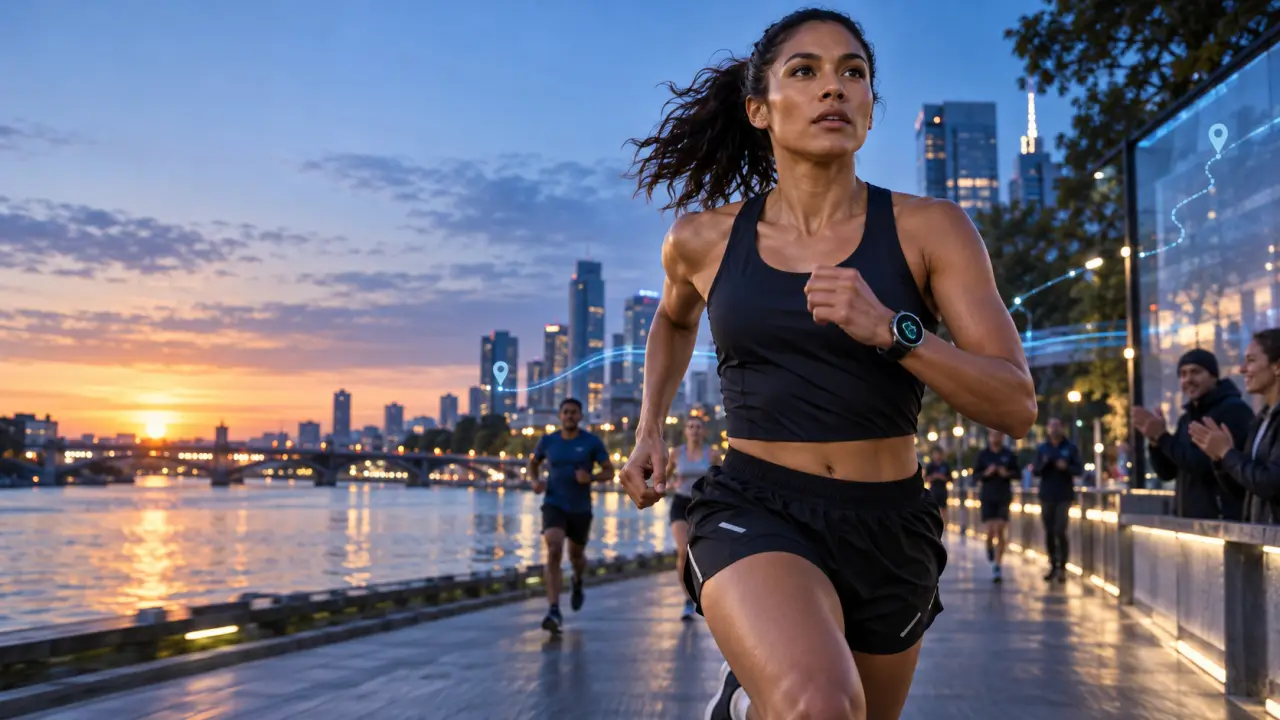 Chaussures de running sur l'asphalte avec des données de performance en surimpression