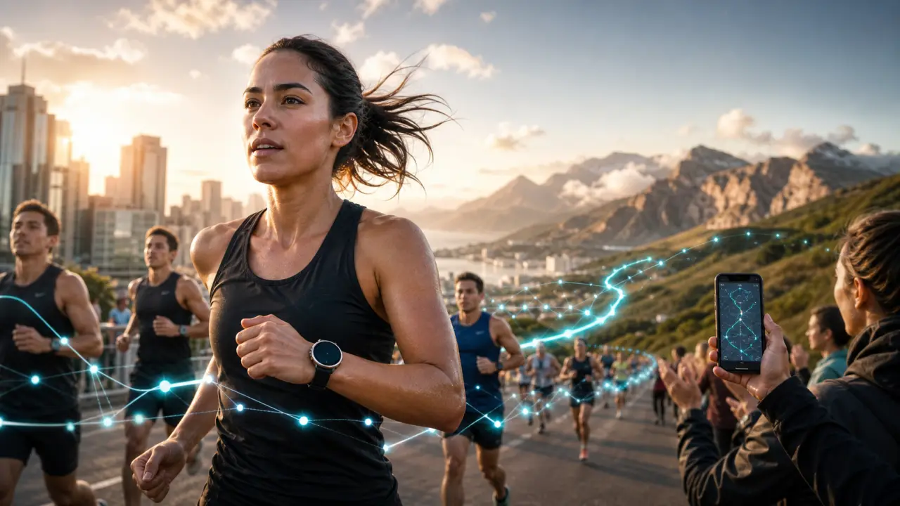 Runner en action avec statistiques GPS holographiques en surimpression