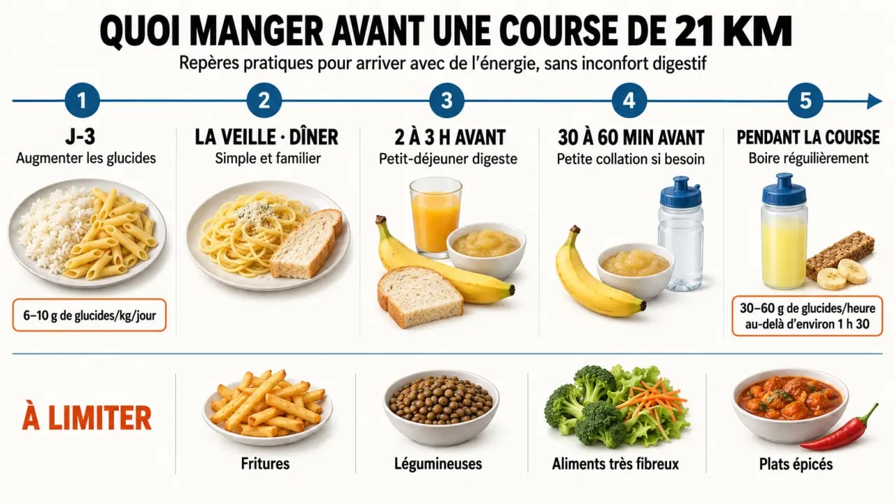 Infographie quoi manger avant une course de 21 km : repas, collation et ravitaillement chronologiques