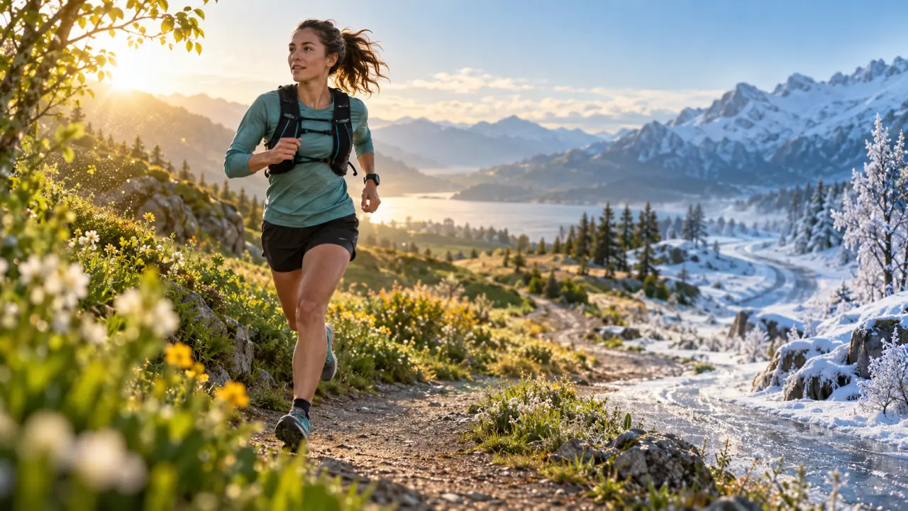 Coureur sur une route, avec des données de performance affichées en surimpression
