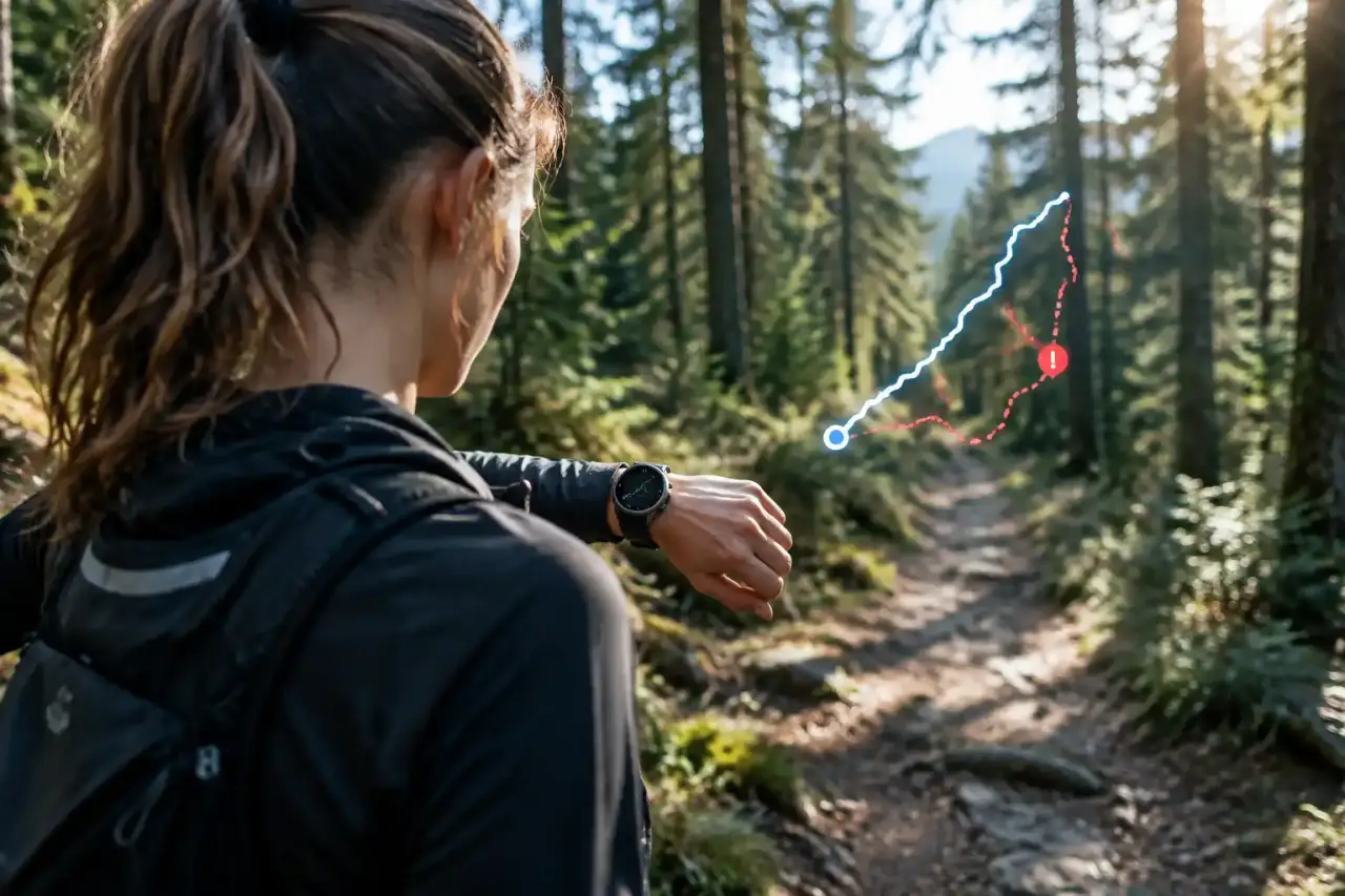 Coureur équipé d'une montre GPS sur un sentier forestier