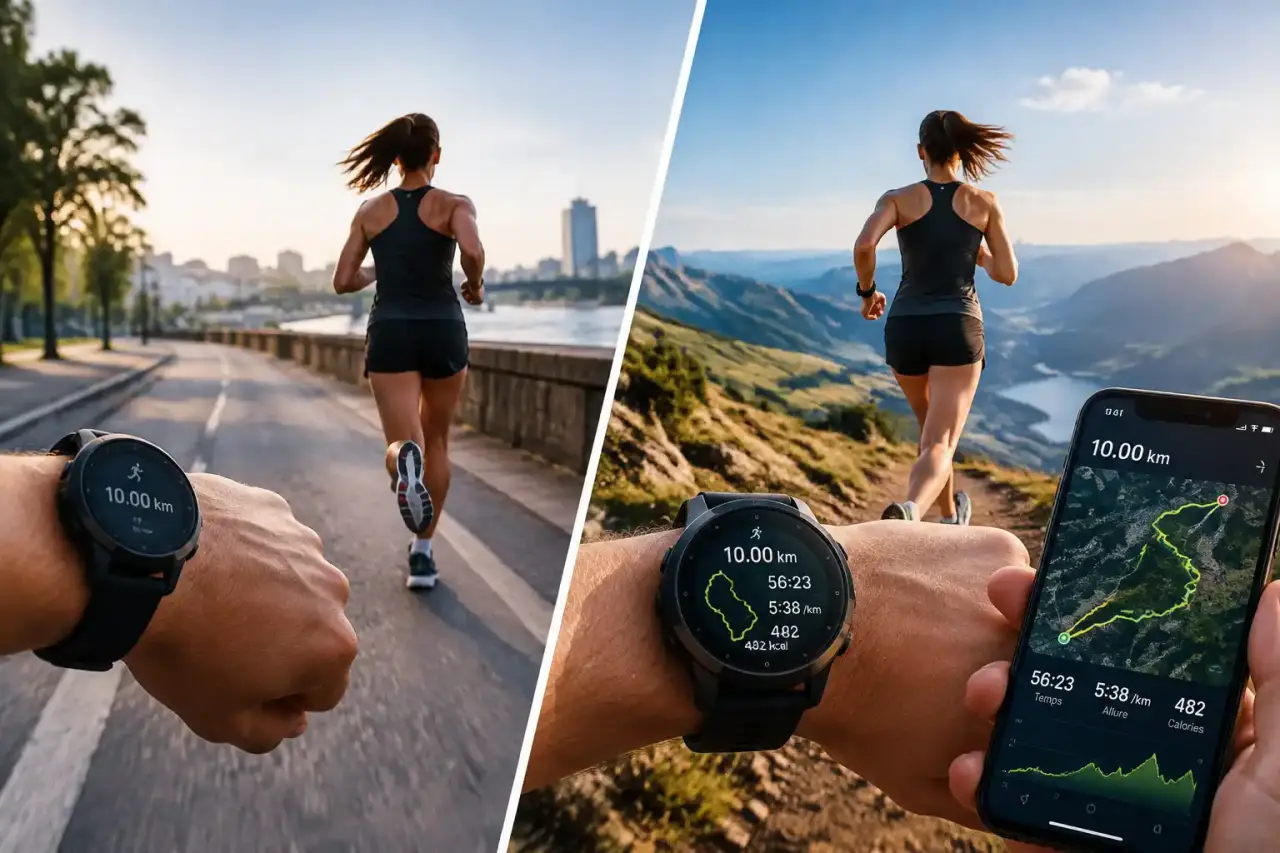 Chaussures d'un coureur sur l'asphalte avec des données GPS de course