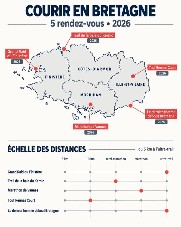Infographie des principales courses à pied en Bretagne par date, département et distance