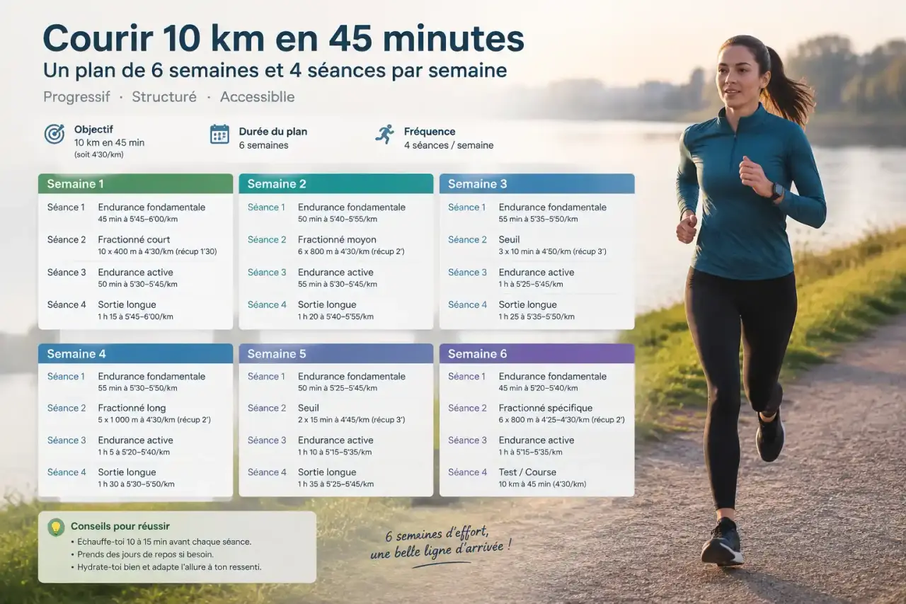 Courir 10 km en 45 minutes : un plan de 6 semaines et 4 séances par semaine