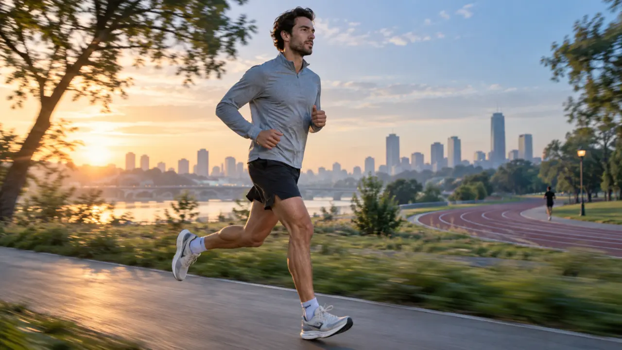 Coureur en endurance sur une route, avec des données de rythme affichées