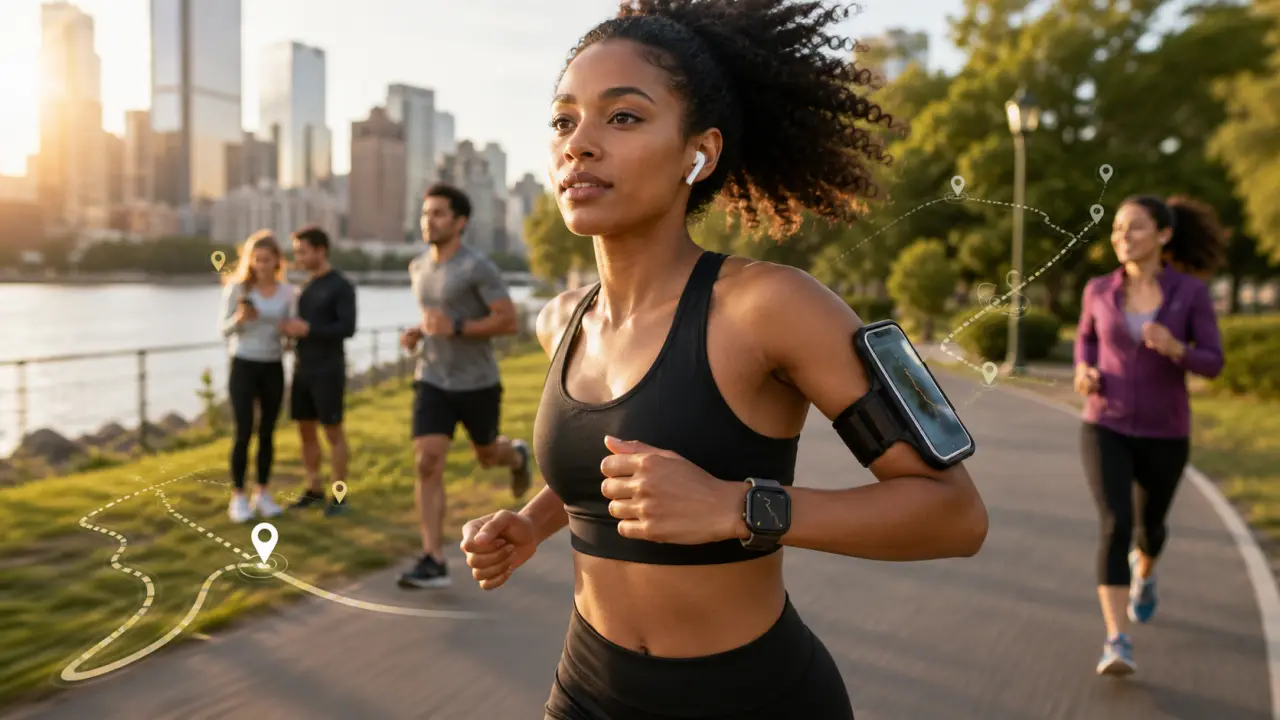 Coureur en action avec statistiques GPS superposées