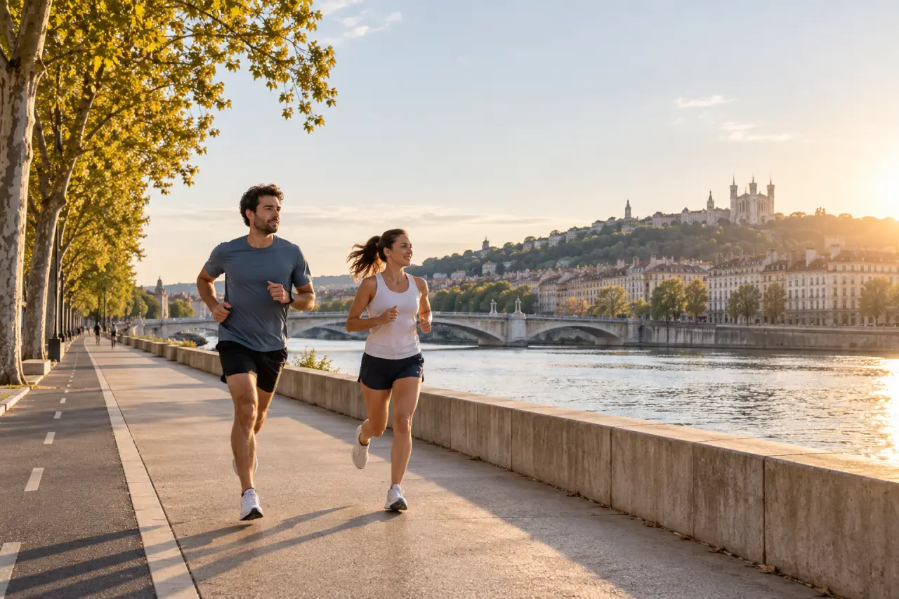 Course à pied à Lyon sur les berges du Rhône avec Fourvière en arrière-plan