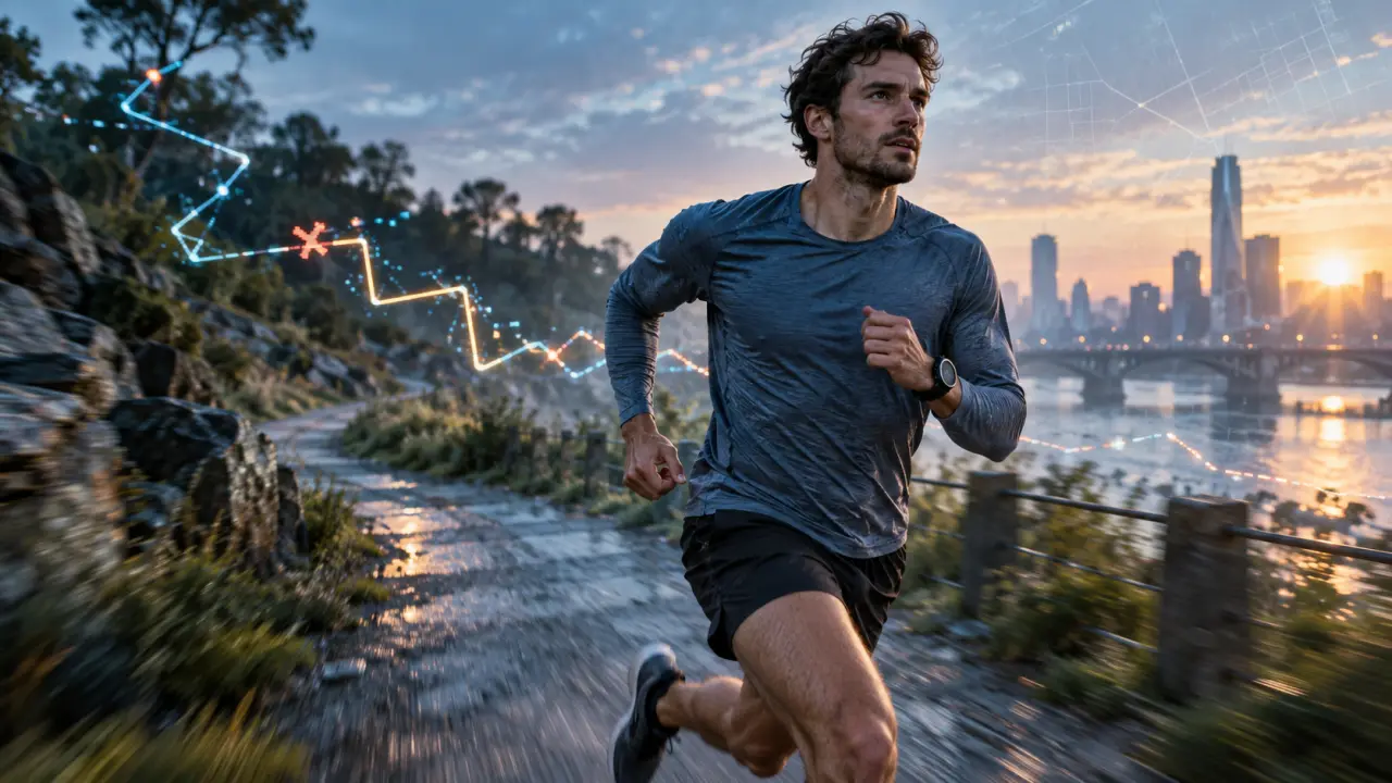 Chaussures de course et données GPS affichées pendant un entraînement