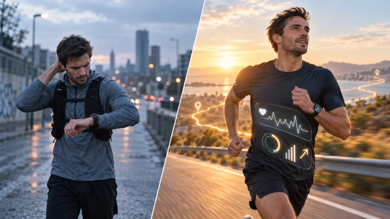 Chaussures de running sur l’asphalte avec des données GPS et une allure affichées en surimpression