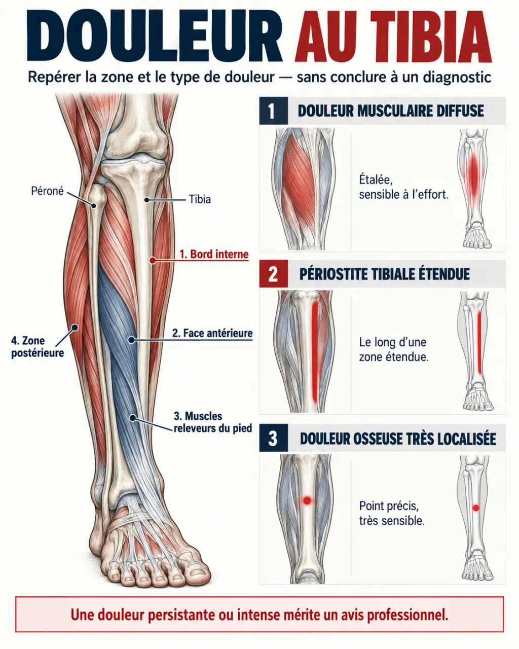 Infographie sur la courbature tibia et les principales zones de douleur de la jambe