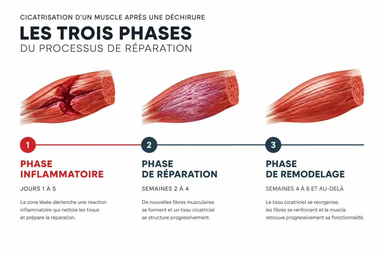 Frise des trois phases du temps de guérison d'une déchirure musculaire : inflammation, réparation, remodelage