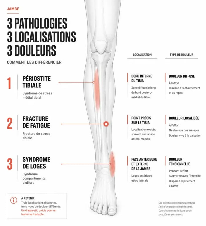 Infographie comparant douleur tibia : périostite tibiale, fracture de fatigue et syndrome de loges