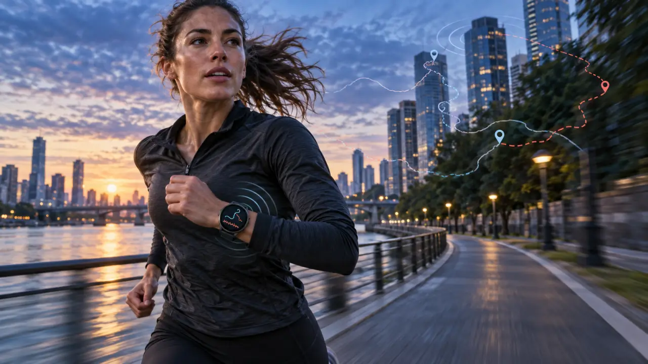 Coureur consultant l’allure affichée sur sa montre GPS pendant une course