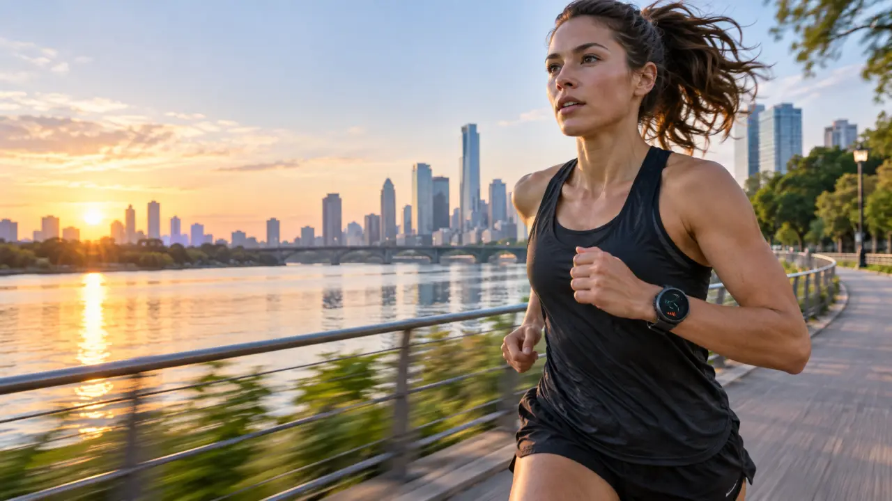 Montre GPS de running affichant des données d'allure et de tracé en pleine course