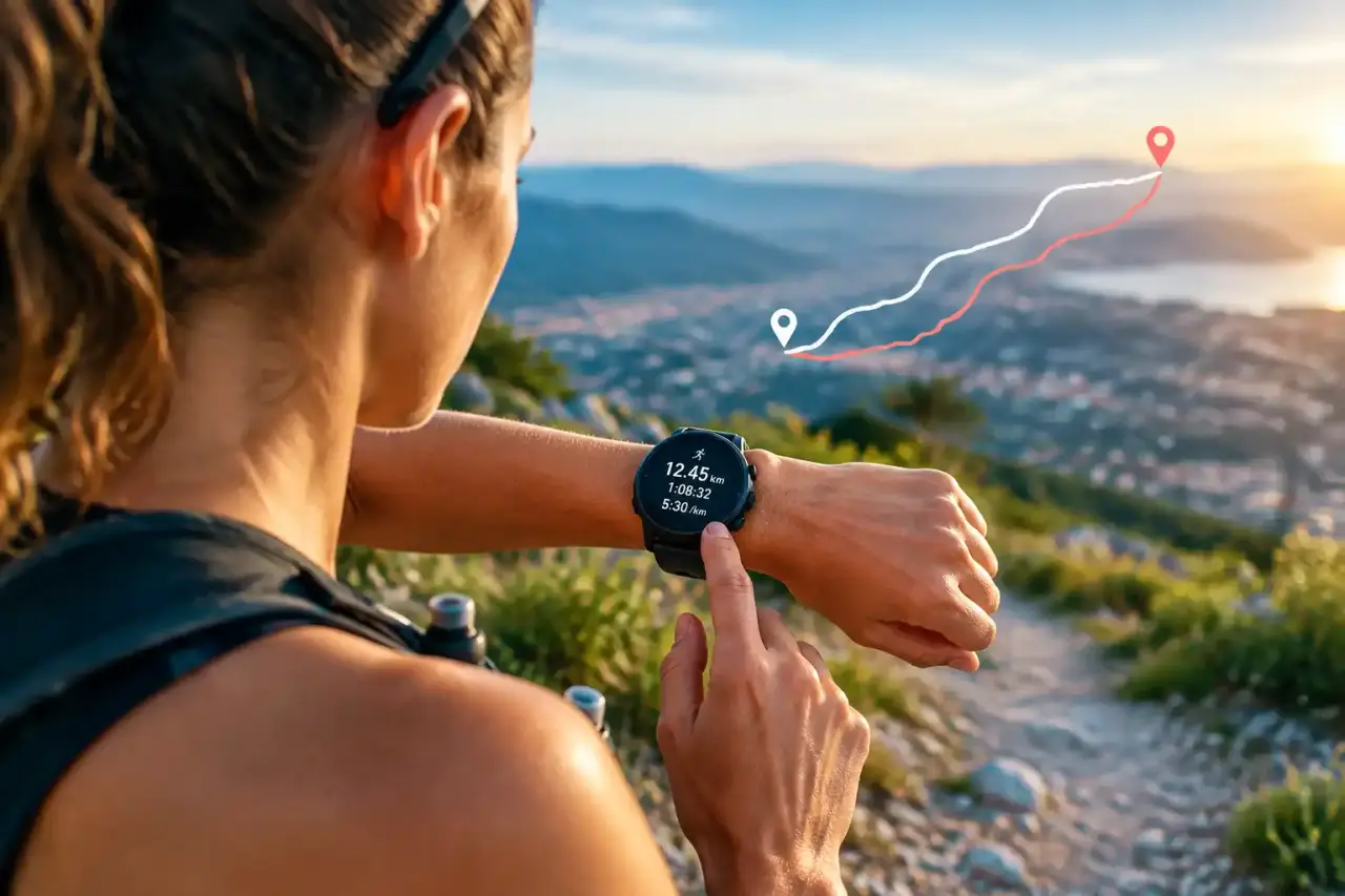 Coureur utilisant une montre GPS pendant une sortie sur route