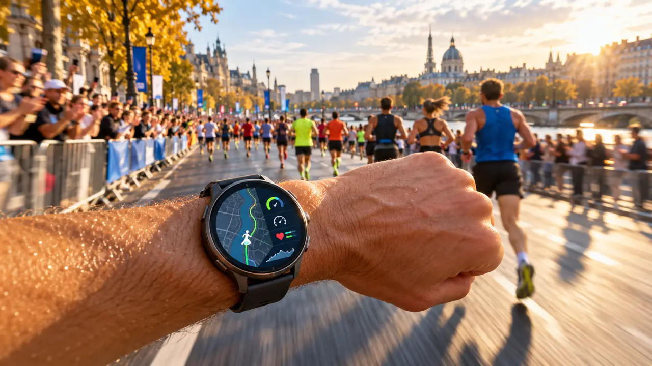 Coureur consultant les données de son marathon sur une montre connectée