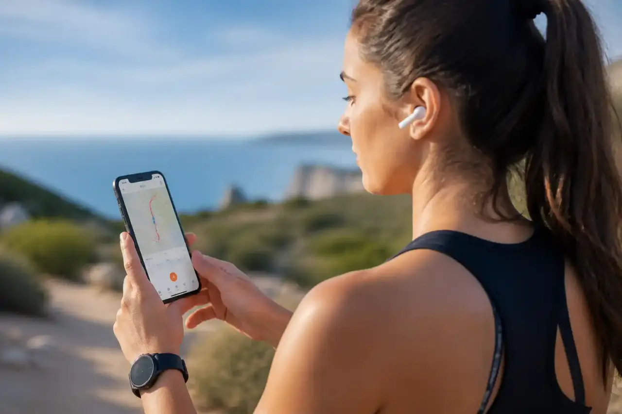 Un coureur consultant sa montre de sport connectée sur une route de montagne
