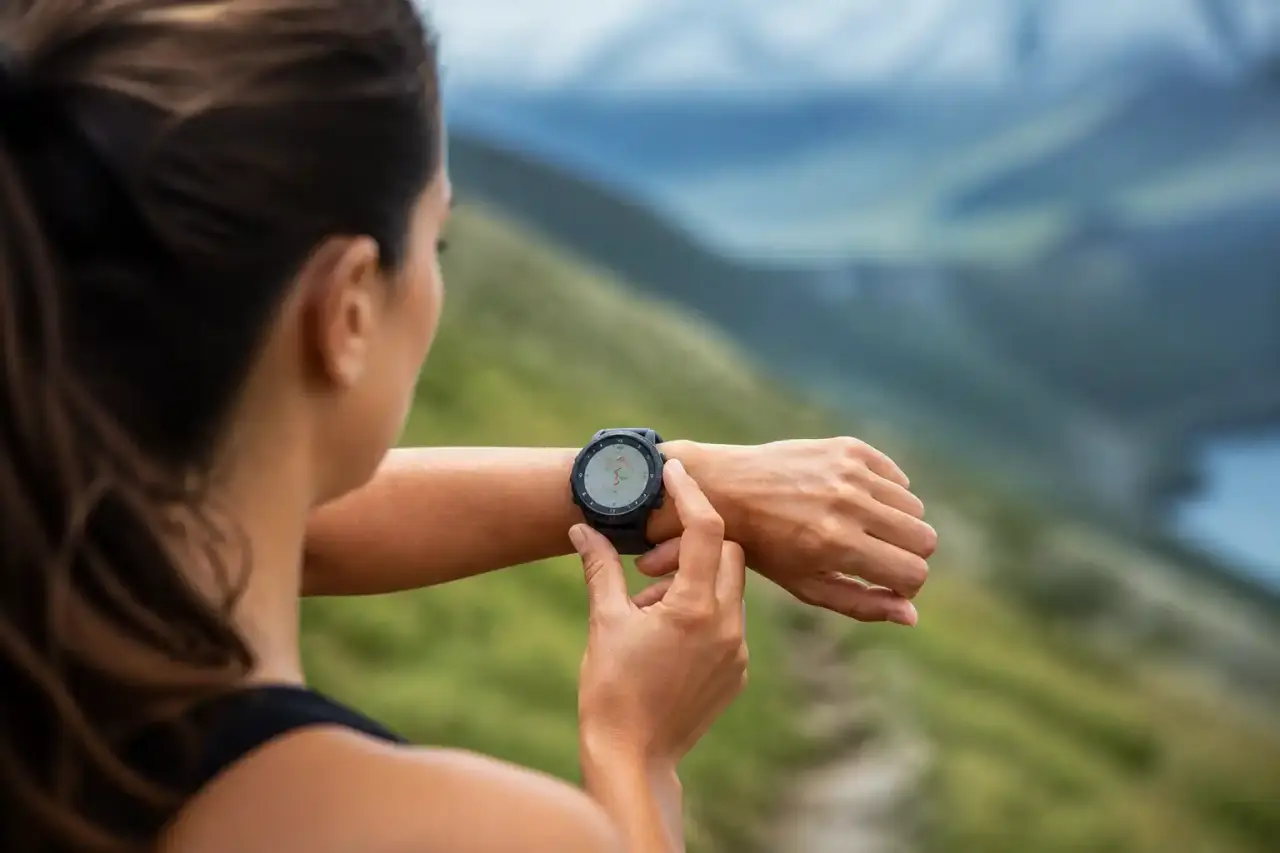 Coureur consultant une montre GPS avec suivi live tracking activé