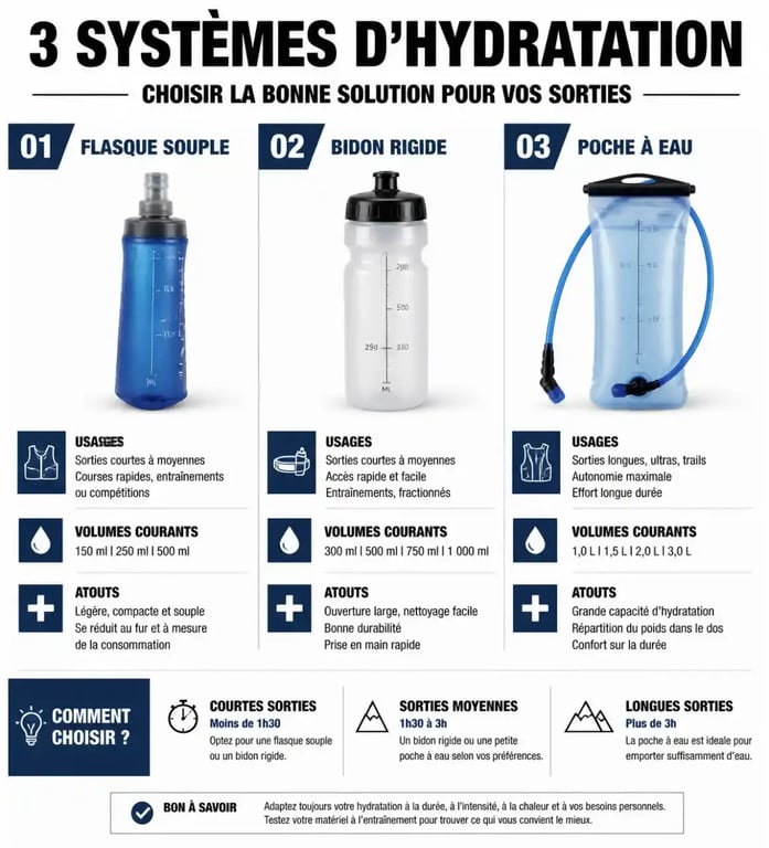 Infographie comparative des gourdes de course à pied : flasque souple, bidon rigide et poche à eau