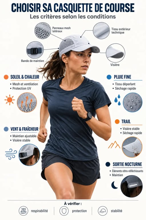 Infographie pour choisir une casquette pour course à pied selon la météo et le terrain