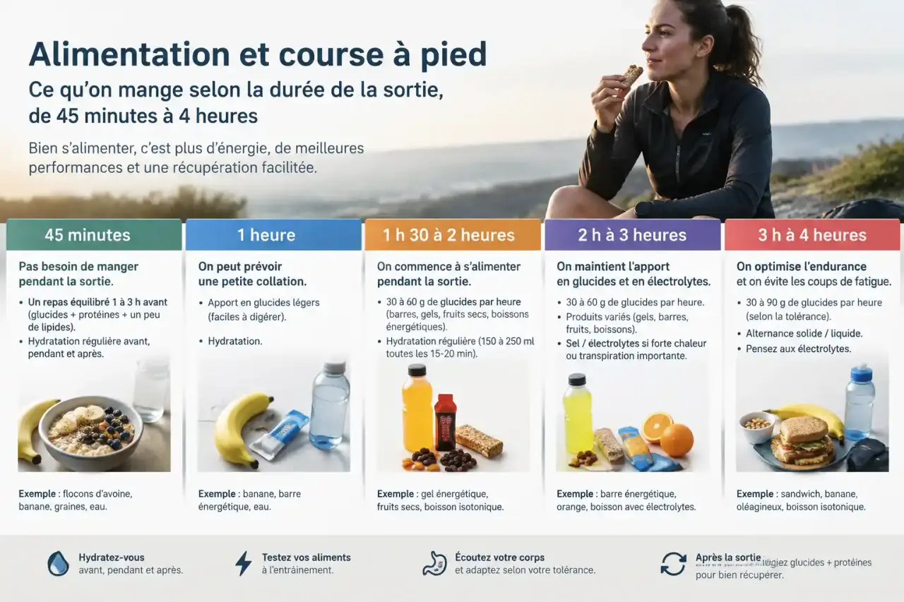 Alimentation et course à pied : ce qu'on mange selon la durée de la sortie, de 45 minutes à 4 heures