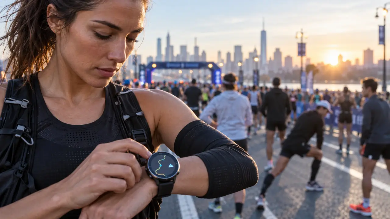 Coureur vérifiant les réglages GPS de sa montre avant un marathon