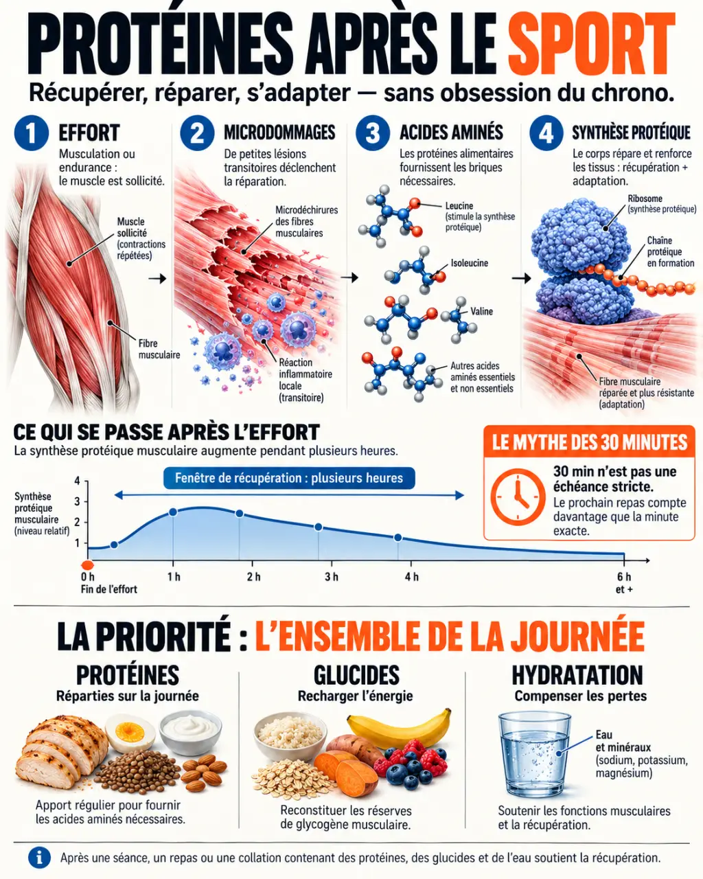 Infographie sur la protéine après le sport, la récupération musculaire et le rôle du repas post-entraînement