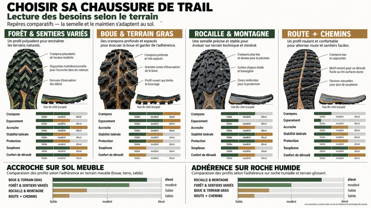 Infographie comparative pour choisir des chaussures de trail hommes selon le terrain