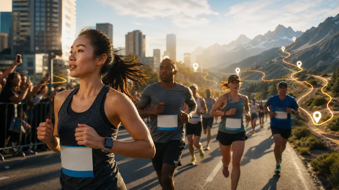 Runner en action avec données GPS et allures superposées