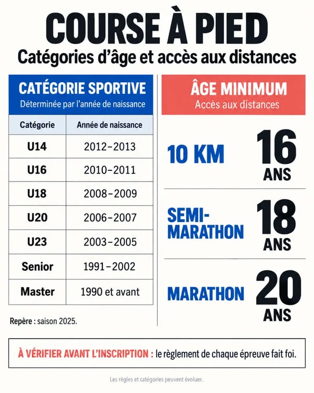 Infographie sur la catégorie course à pied, l’année de naissance et les âges minimums par distance