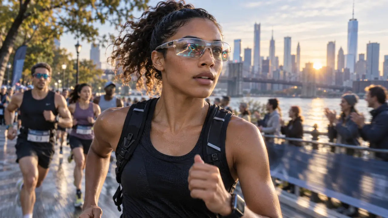 Coureur équipé de lunettes de réalité augmentée affichant des statistiques de course en direct
