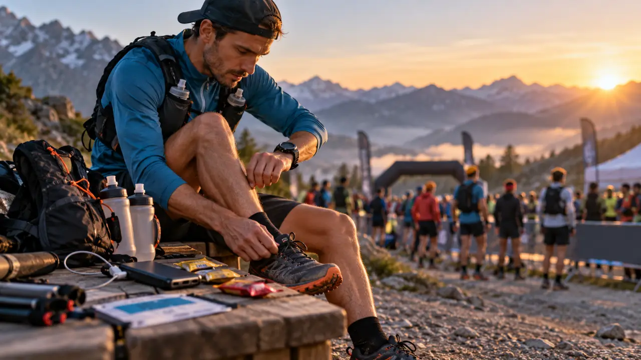 Coureur vérifiant sa montre GPS et son ravitaillement avant une course
