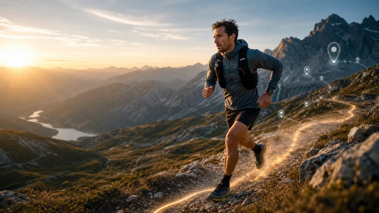 Runner en trail avec statistiques GPS en surimpression