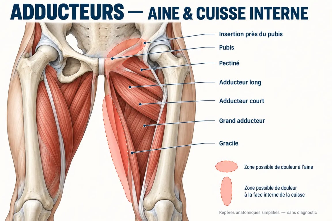 Schéma anatomique des adducteurs et des zones de douleur à l’aine