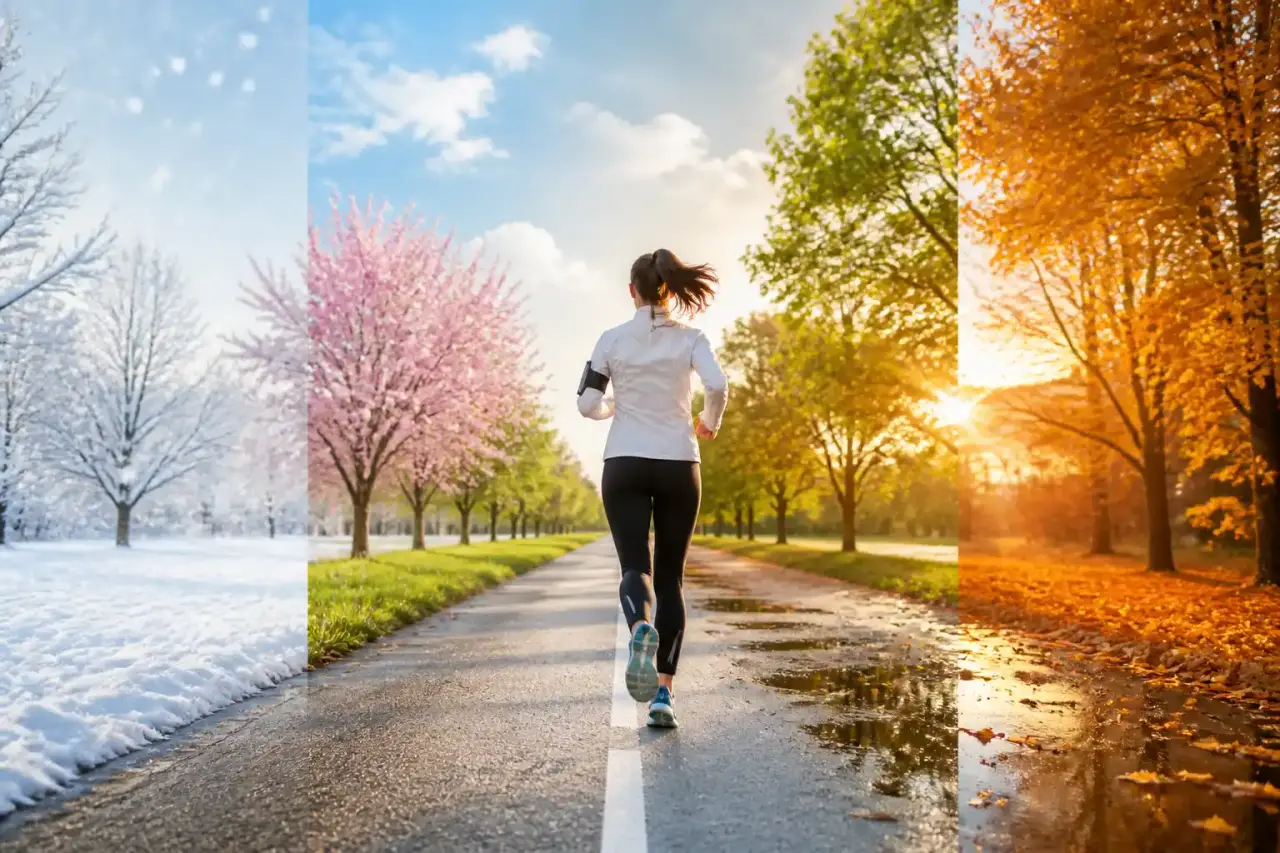 Coureur équipé d'une montre GPS ajustant son allure selon la saison